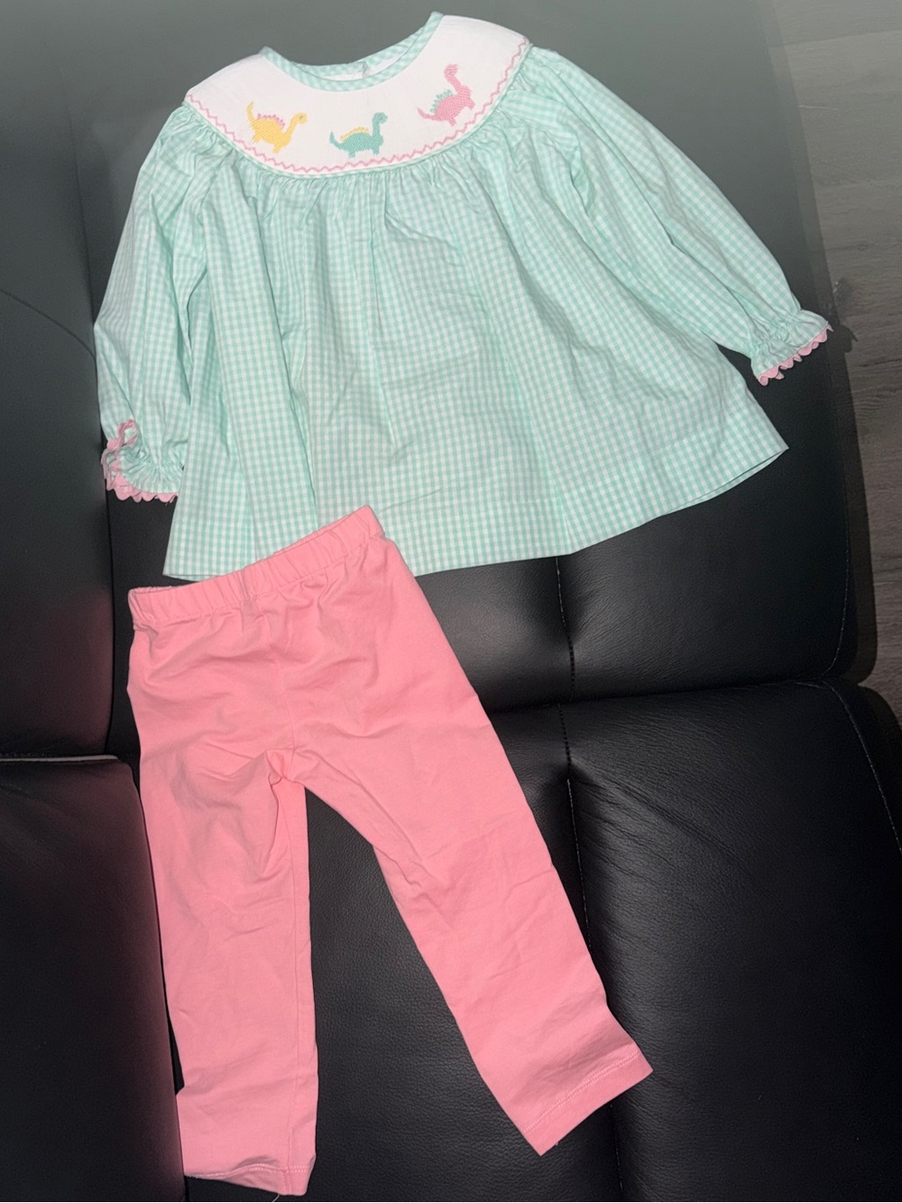 Girls Mint Gingham Dinosaur Smocked Top & Pink Legging Set